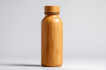 Bamboo reusable water bottle standing on white background, promoting eco friendly hydration and sustainable lifestyle