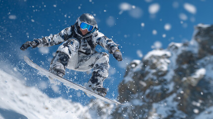 Extreme snowboard athlete captured in freeze-frame jump, crisp mountain backdrop and sparkling snow particles suspended in radiant light