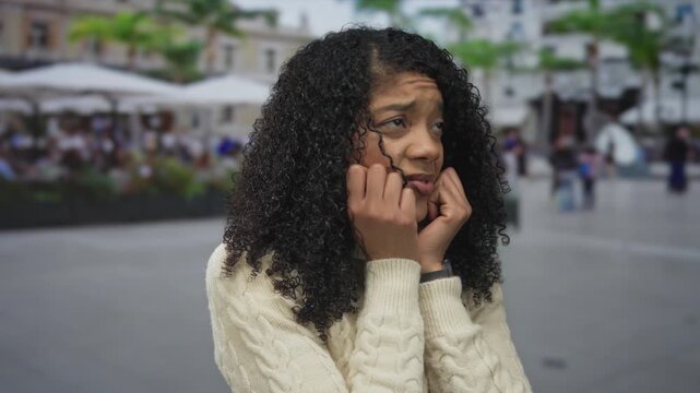 Woman pressing hands to cheeks with worried expression and gazing upward in a crowded city street; anxiety.