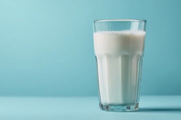 Glass of white milk with foam bubbles on turquoise background, offering concepts of dairy, fresh drink, and nutrition