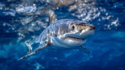Obraz premium Intense underwater close-up of great white shark gliding through open water, powerful body and cold gaze illuminated by ocean light