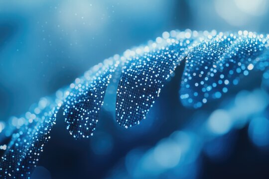 Abstract blue digital ribbon composed of glowing particles, representing data flow, technology, or molecular structures in a vibrant, futuristic style.