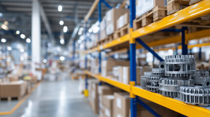 Close-up view of stacked metal gearboxes in logistics warehouse, structured shelving and clean environment emphasizing industrial efficiency