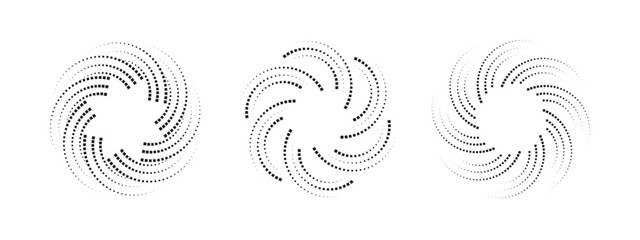 Collection of abstract dotted sound wave frames in black. Circular audio spectrum design with smooth oscillations. Minimalist vector template for music posters and digital artwork.