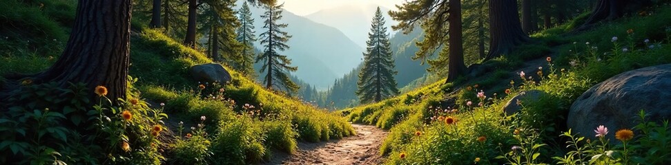 Sunlit Mountain Trail Winding Through Lush Forest A Magical Hiking Adventure