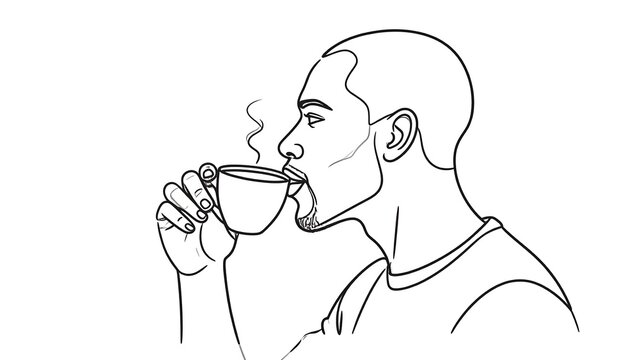 Profile view of a man drinking coffee. Simple line art depicts a dark-skinned man in profile, sipping from a cup of hot coffee. Steam rises from the cup