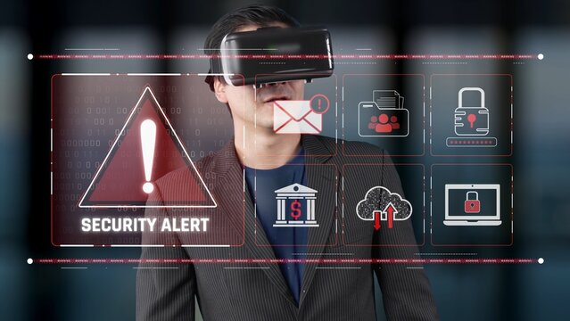 A business professional wearing a virtual reality headset stands against a backdrop of digital security alerts and icons, emphasizing themes of cybersecurity and technology innovation. Raster - Powered by Adobe