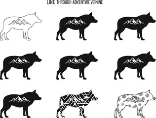 Wolf silhouette vector set, mountain landscape inside animal shape, nature-themed wildlife design, abstract forest art, black and white illustration