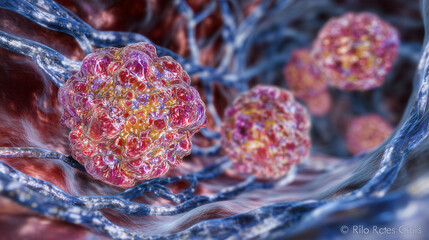 Scientific illustration of red blood cells traveling through vessels, highlighting circulation and oxygen transport with vibrant color coding