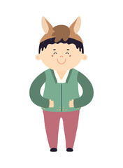 Cute boy in Korean clothes hanbok in horse hat character isolated. Hand drawn cartoon vector illustration. Flat design. Seollal holiday card, poster, banner element