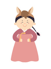 Cute girl in Korean clothes hanbok in horse hat character isolated. Hand drawn cartoon vector illustration. Flat design. Seollal holiday card, poster, banner element