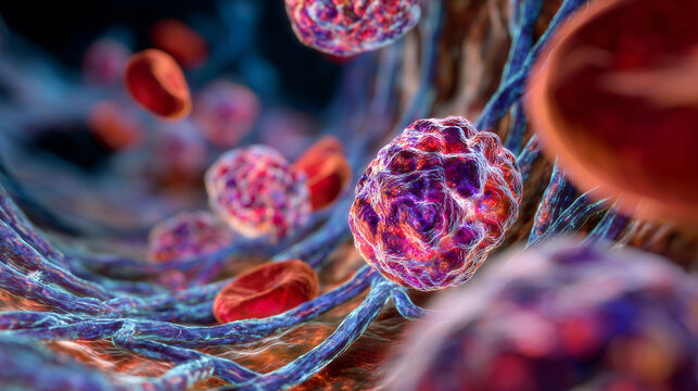 Scientific illustration of red blood cells traveling through vessels, highlighting circulation and oxygen transport with vibrant color coding