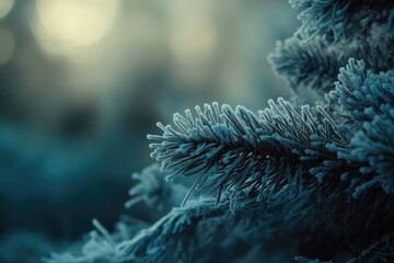 A close-up shot of pine needles covered in delicate frost, sparkling in the crisp winter air against a soft, blurred natural background.