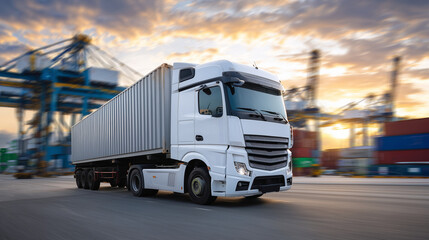 Obraz premium Wide-angle view of cargo truck driving through container yard, sunset lighting creating warm gradient over steel surfaces, conveying busy industrial operation