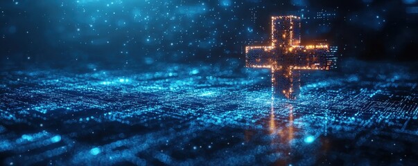 Digital cross glowing in futuristic technological landscape of data networks