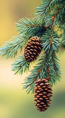 Green Pine Branch with Two Brown Pine Cones Macro Shot