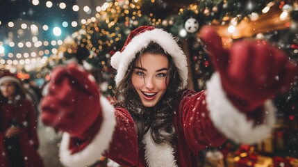 Woman dressed as santa claus celebrating christmas, extending arms in a cheerful greeting