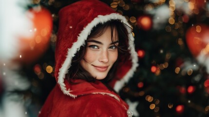 Woman wearing a warm red hooded coat for the holiday season