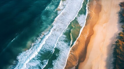 Aerial View Teal Ocean Waves Crashing Sandy Beach image