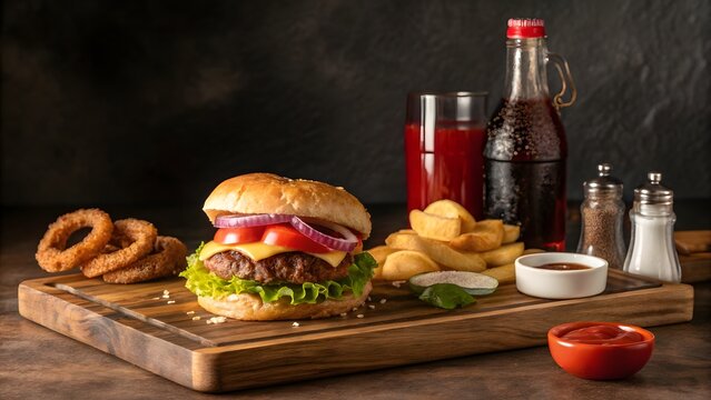 Delicious burger with french fries and onion rings on wooden board