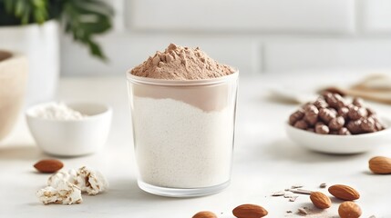 Vegan Protein Powder Blend in Glass with Almonds and Cereal