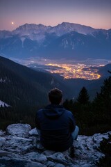 Man Mountaintop Night View City Lights Valley Moon