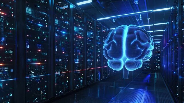 Video clip A futuristic computer room with a large brain in the center, surrounded by screens and equipment