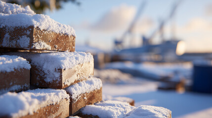 Snow-dusted bricks stacked at outdoor construction site, soft winter light, cold environment