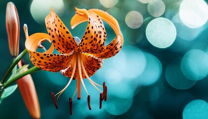closeup of leopard lily flower against green and blue blurred bokeh background