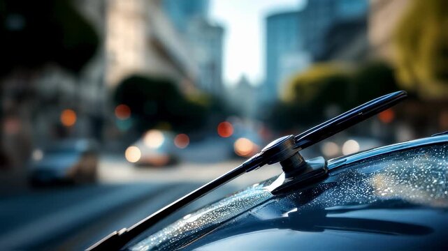 Compact windshield wiper replacement on a small car showcasing the detailed connection point with a blurred street scene behind.