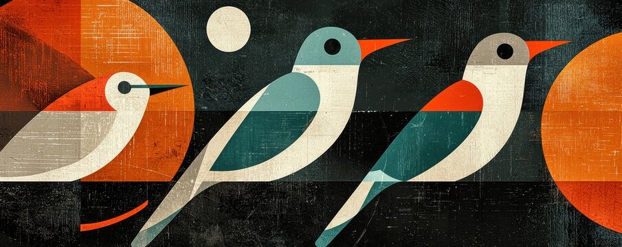 Stylized illustration of colorful birds in a retro geometric artistic style - Powered by Adobe
