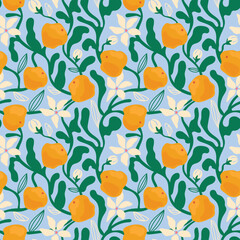 Tropical summer fruits with white flowers. Seamless pattern with oranges in an abstract Matisse style. Vector background with citrus fruits. Suitable for textiles, wallpaper, fabric, posters.