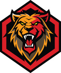 Fierce tiger head emblem with red hexagonal border