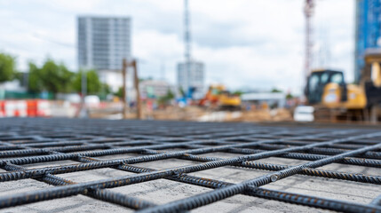 Close-up of rebar mesh for reinforced concrete, cloudy outdoor construction site