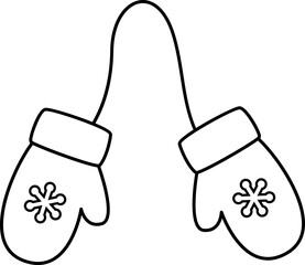Winter Christmas mittens outline vector isolated.
Festive gloves decorated with snowflakes  children's coloring pages and templates.
Transparent background. SVG.