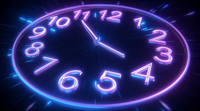 Glowing neon clock showing midnight with futuristic blue and purple light effects - Powered by Adobe