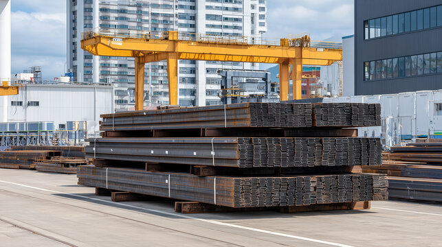 Steel beams stacked on sunny industrial site, gleaming in direct sunlight, shadows emphasizing geometry
