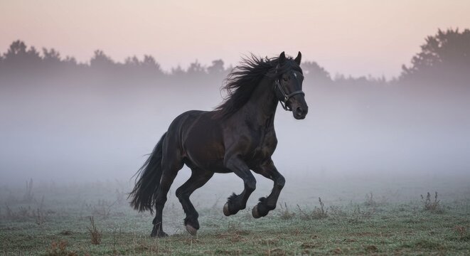 A majestic friesian horse gallops through a misty field at dawn, exuding power and grace