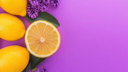 Fresh lemons and purple flowers on a vibrant purple background
