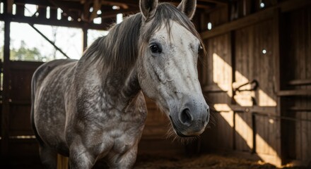 A gray horse stands in a wooden barn, looking directly at the camera with curiosity