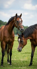 Fototapeta premium Two beautiful arabian horses standing together in a green meadow on a summer day