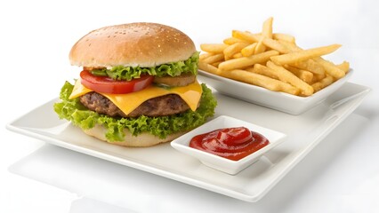 Delicious cheeseburger with fries and ketchup on a white plate