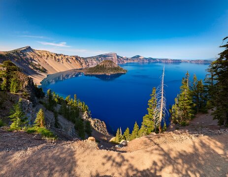 panorama of crater lake national park from an east rim drive overlook - Powered by Adobe