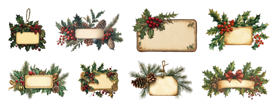 PNG Vintage holiday label designs, element set on transparent background