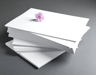 Stack of white paper sheets with a small pink flower