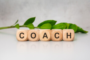 Wooden blocks spelling COACH on a white surface with greenery in background