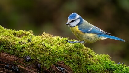 Obraz premium a beautiful blue tit cyanistes caeruleus perched on a mossy log in forest farm nature reserve cardiff south wales uk