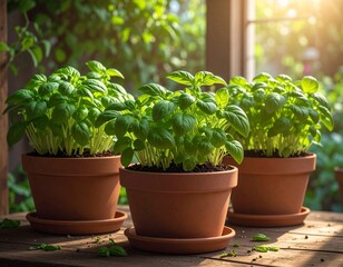 Fototapeta premium Maceteros con albahaca fresca