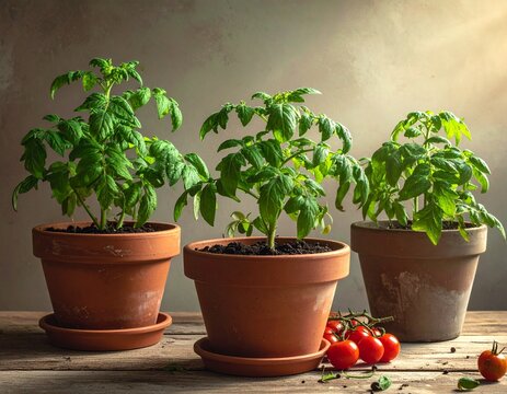 maceteros con planta de tomates cherry