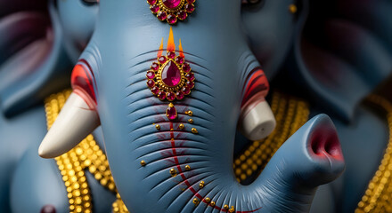 Ganesha close‑up portrait, elegant elephant trunk adorned with ruby jewel and golden beads, serene Hindu deity symbolism – detailed spiritual illustration